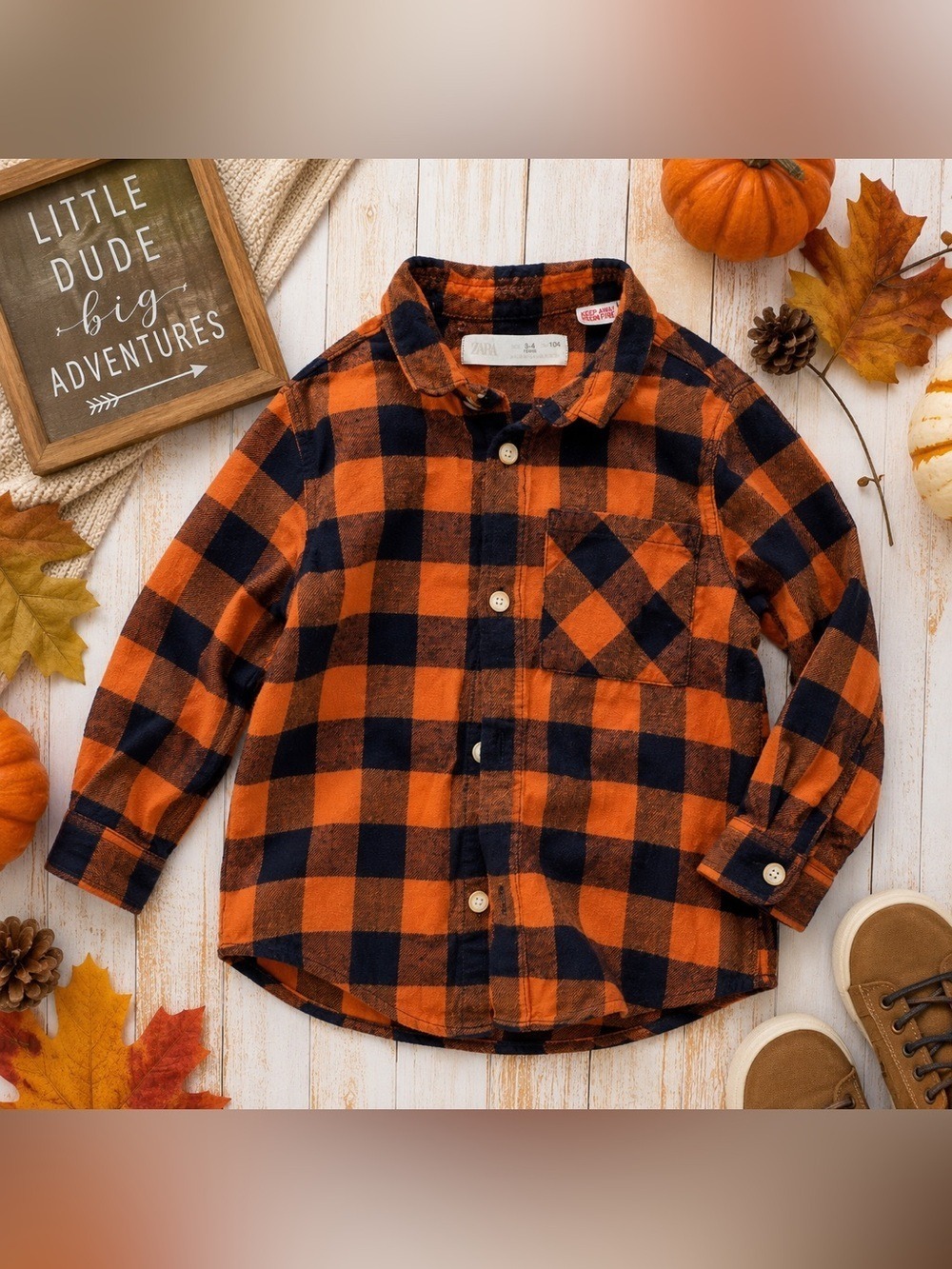 Zara Boys Buffalo Plaid Flannel Shirt 3/4